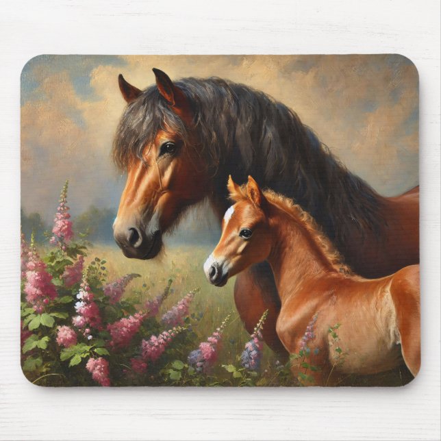 Bay Mare with a Foal Wildflowers Painting Mouse Pad (Front)