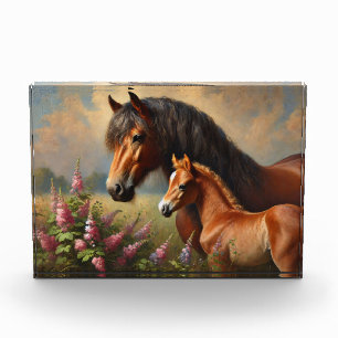 Bay Mare with a Foal Wildflowers Painting Photo Block