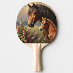 Bay Mare with a Foal Wildflowers Painting Ping Pong Paddle