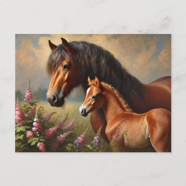 Bay Mare with a Foal Wildflowers Painting Postcard (Front)