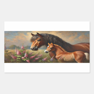 Bay Mare with a Foal Wildflowers Painting Rectangular Sticker