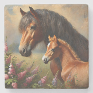 Bay Mare with a Foal Wildflowers Painting Stone Coaster