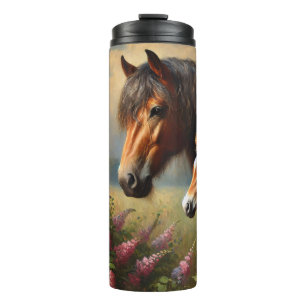 Bay Mare with a Foal Wildflowers Painting Thermal Tumbler