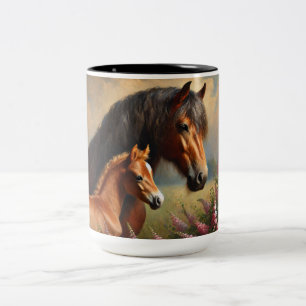 Bay Mare with a Foal Wildflowers Painting Two-Tone Coffee Mug