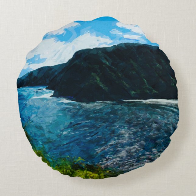 Bay On the Road to Hana Maui Hawaii Abstract Round Cushion (Back)