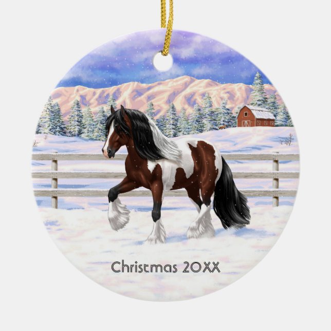 Bay Pinto Brown Skewbald Gypsy Vanner Tinker Horse Ceramic Ornament (Front)