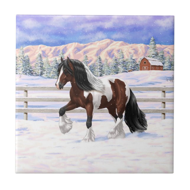 Bay Pinto Brown Skewbald Gypsy Vanner Tinker Horse Ceramic Tile (Front)
