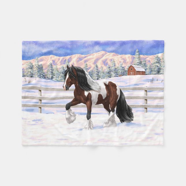 Bay Pinto Brown Skewbald Gypsy Vanner Tinker Horse Fleece Blanket (Front (Horizontal))