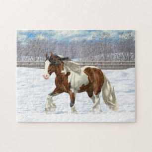 Bay Pinto Gypsy Vanner Draught Horse In Snow Jigsaw Puzzle
