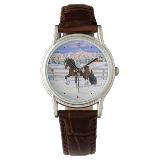 Bay Pinto Gypsy Vanner Draught Horse In Snow Watch (Front)
