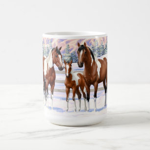 Bay Pinto Paint Horses In Winter Snow Coffee Mug