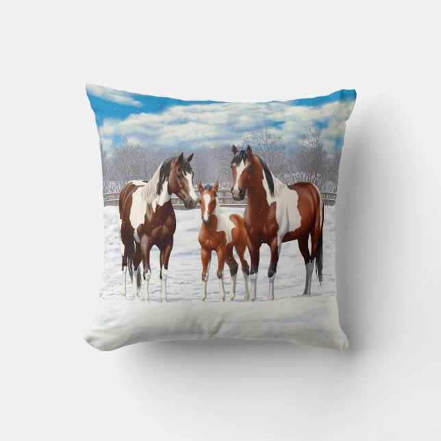Bay Pinto Paint Horses In Winter Snow Cushion (Front)