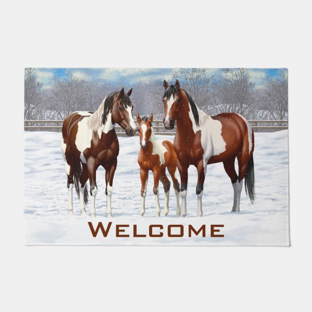 Bay Pinto Paint Horses In Winter Snow Doormat (Front)