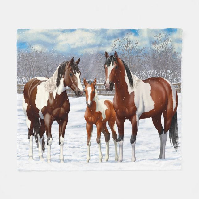 Bay Pinto Paint Horses In Winter Snow Fleece Blanket (Front (Horizontal))