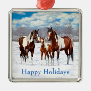 Bay Pinto Paint Horses In Winter Snow Metal Tree Decoration