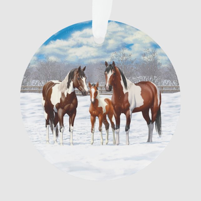 Bay Pinto Paint Horses In Winter Snow Ornament (Front)