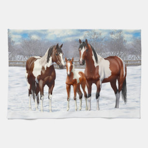 Bay Pinto Paint Horses In Winter Snow Tea Towel