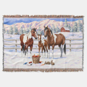Bay Pinto Paint Horses In Winter Snow Throw Blanket