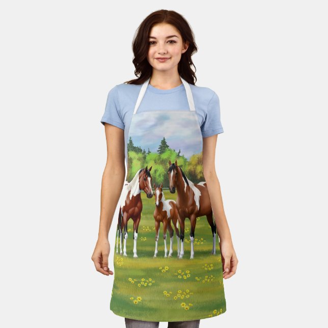 Bay Pinto Paint Quarter Horses In Summer Pasture Apron (Worn)