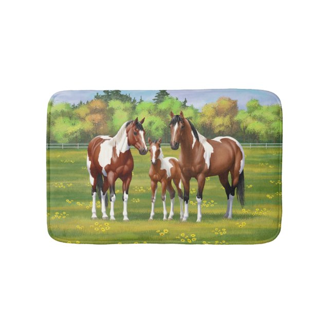 Bay Pinto Paint Quarter Horses In Summer Pasture Bath Mat (Front)
