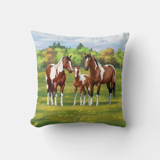 Bay Pinto Paint Quarter Horses In Summer Pasture Cushion (Front)