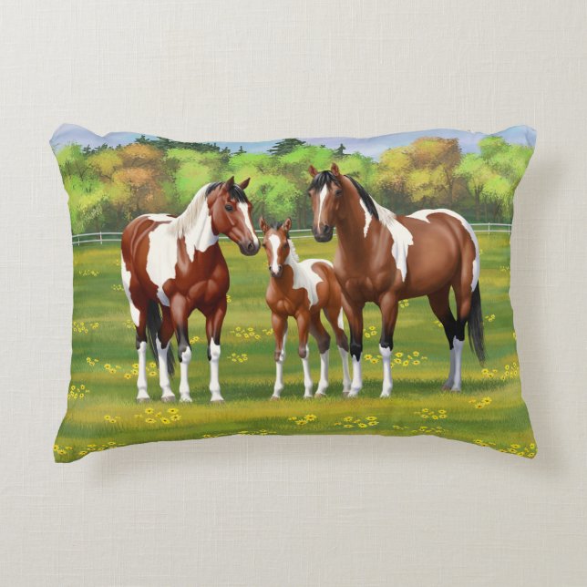 Bay Pinto Paint Quarter Horses In Summer Pasture Decorative Cushion (Front)