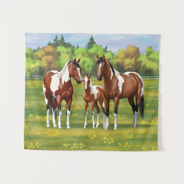 Bay Pinto Paint Quarter Horses In Summer Pasture Tapestry (Front (Horizontal))