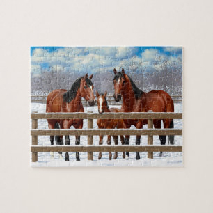 Bay Quarter Horses In Snow Jigsaw Puzzle