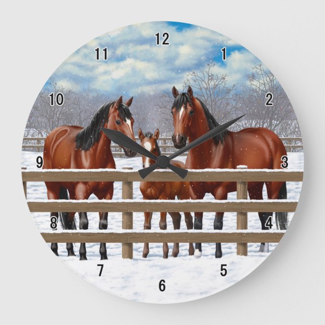 Bay Quarter Horses In Snow Large Clock (Front)