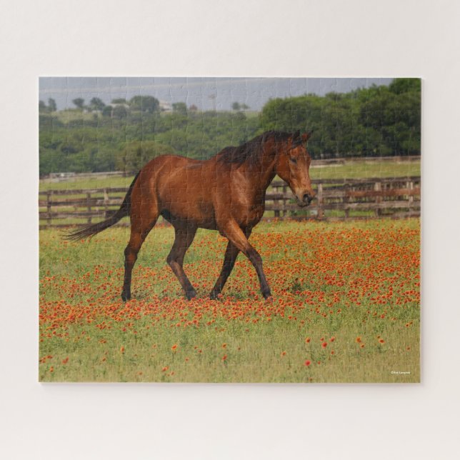 Bay Thoroughbred Horse Walking Flowers Jigsaw Puzzle (Horizontal)
