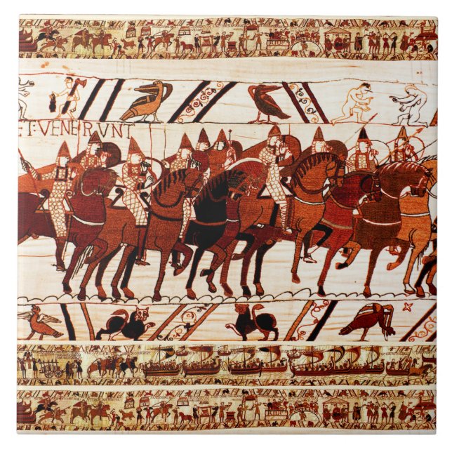 BAYEUX TAPESTRY NORMAN ARMY, KNIGHTS HORSEBACK CERAMIC TILE (Front)