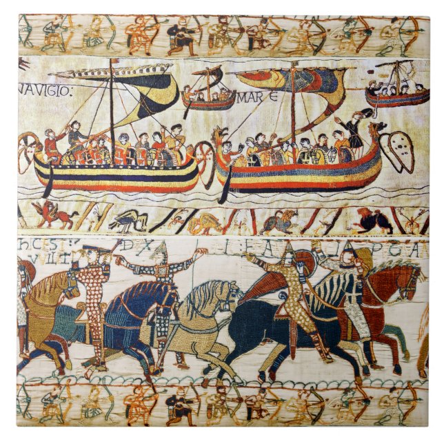 BAYEUX TAPESTRY NORMAN KNIGHTS,VIKING SHIPS,ARCHER CERAMIC TILE (Front)