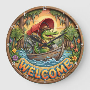 Bayou Welcome Airboat Gator Large Clock