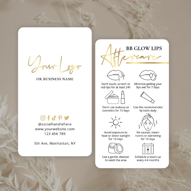 BB Glow Lips Aftercare White & Gold PMU Artist Business Card (Modern white and faux gold BB Glow Lips Aftercare Instructions Cards with space for your details)