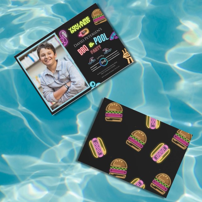 BBQ and Pool Party Neon Photo Birthday Invitation (Creator Uploaded)