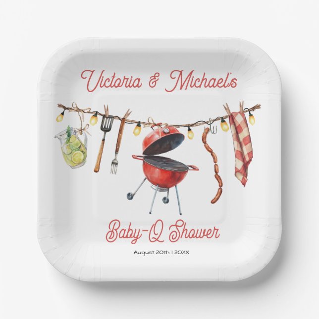 BBQ Baby-Q Baby Shower Gingham clothesline Paper Plate (Front)