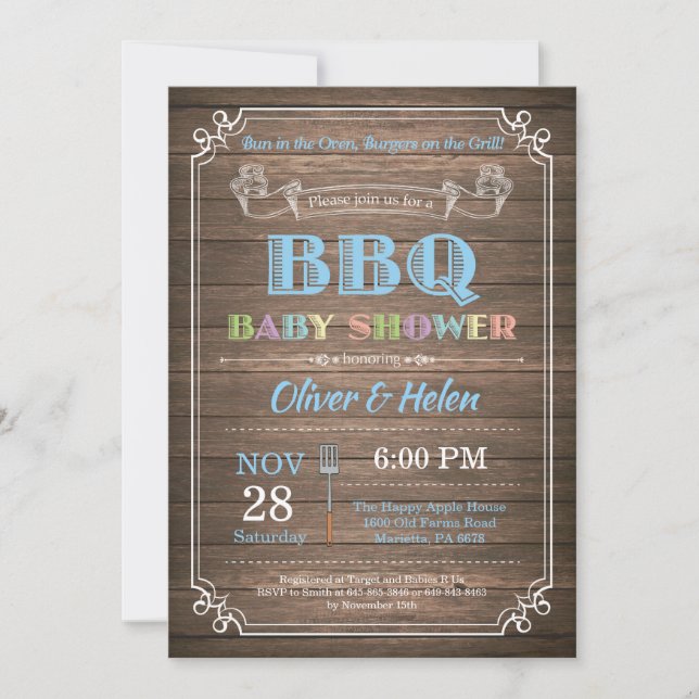 BBQ Baby Shower Invitation Rustic Wood Blue (Front)