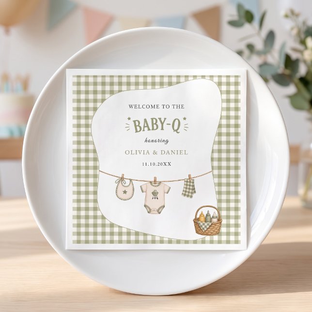 Bbq Baby Shower Sage Gingham Rustic Custom Napkin (Bbq Baby Shower Sage Gingham Rustic Custom Napkins)