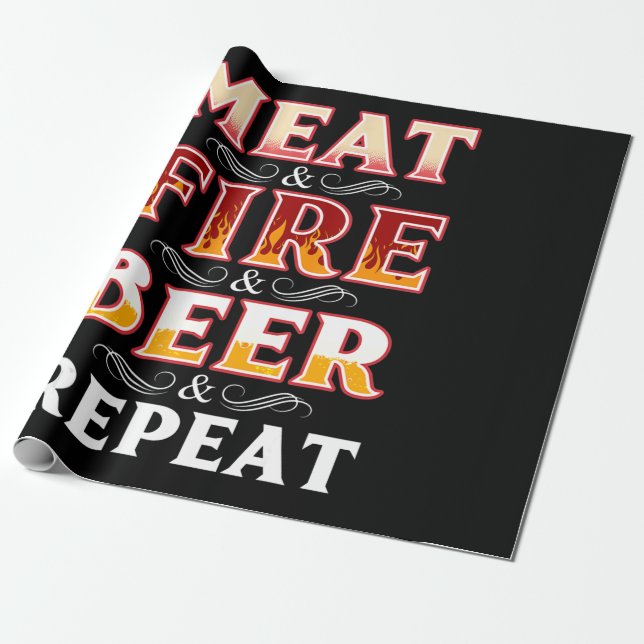 BBQ | BBQ Grill Smoking Meat Fire Beer Repeat Wrapping Paper (Unrolled)
