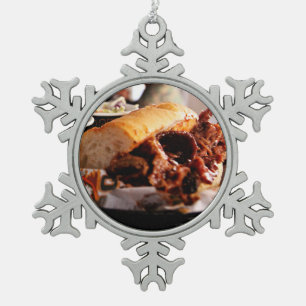 BBQ Beef Brisket Sandwich Snowflake Pewter Christmas Ornament