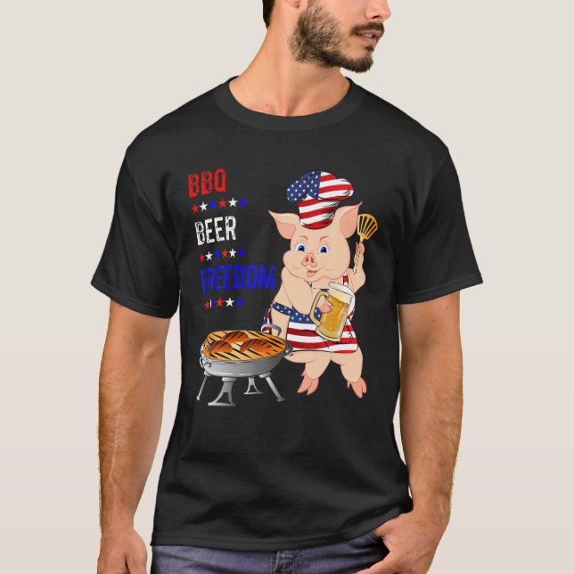 Bbq Beer Freedom Pig American Flag Apron Grill T-Shirt (Front)