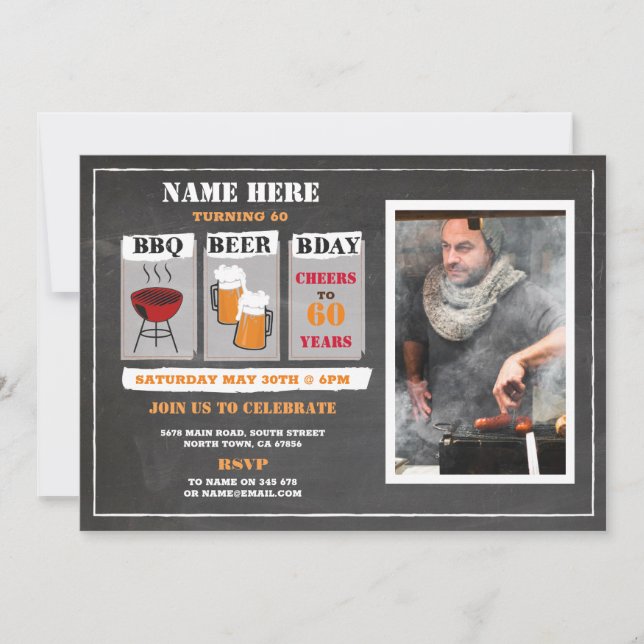 BBQ Beers Birthday Chalk Mens Party Photo Invitation (Front)
