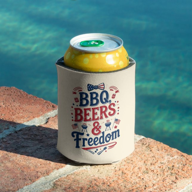 BBQ, Beers & Freedom – Retro 4th of July Vibes Can Cooler (In Situ Pool)
