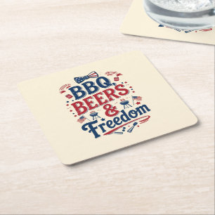 BBQ, Beers & Freedom – Retro 4th of July Vibes Square Paper Coaster