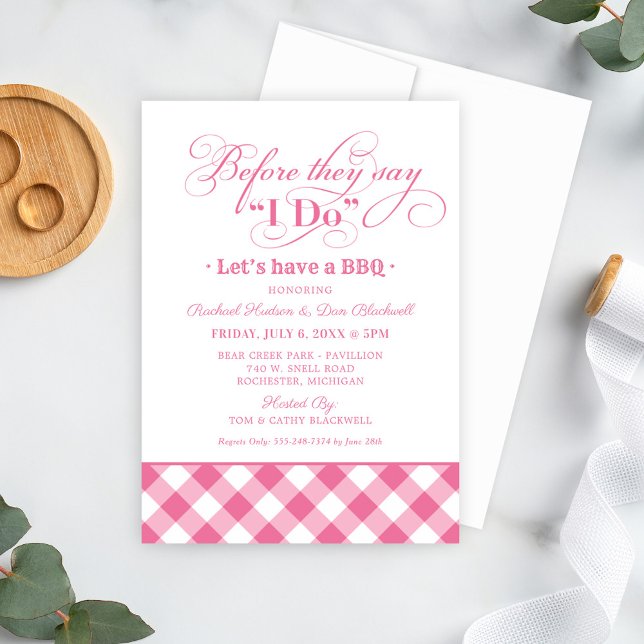 BBQ Before I Do Pink Gingham Rehearsal Dinner Invitation (Creator Uploaded)