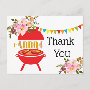 bbq birthday party, barbecue, bbq grill, thank you invitation postcard