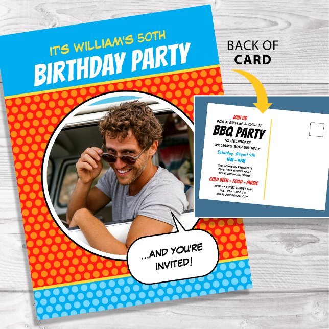 BBQ Birthday Party Invitation Fun Comic Style Postcard (Creator Uploaded)