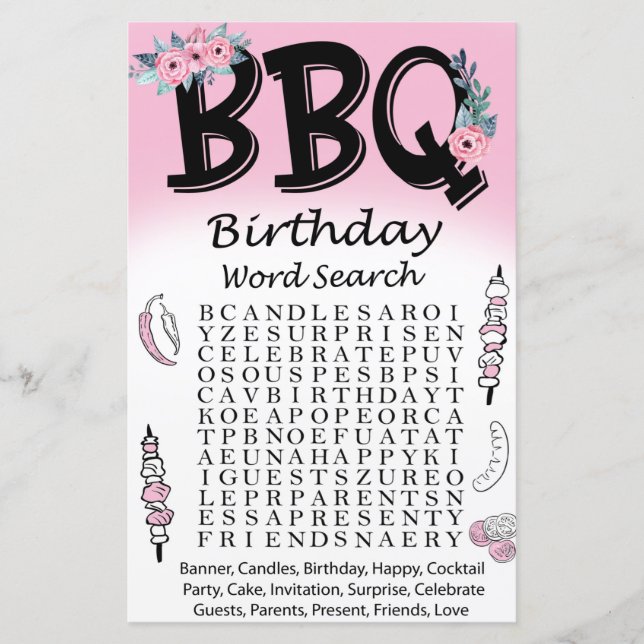 BBQ Birthday word search game (Front)