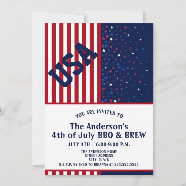 BBQ & Brew USA America Stars Stripes 4th of July Invitation (Front)