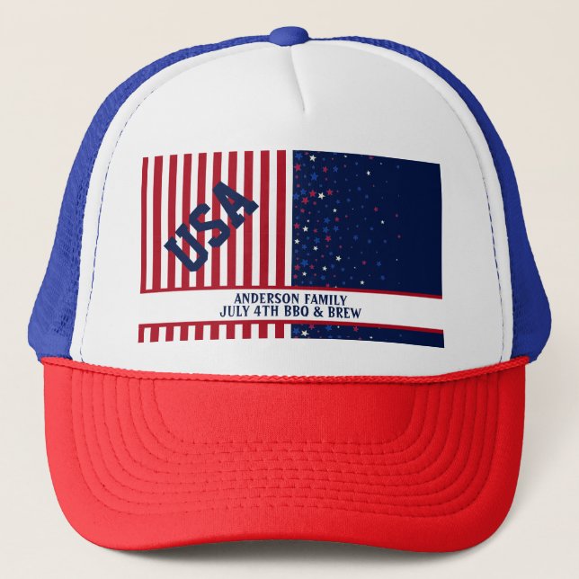 BBQ Brew USA America Stars Stripes July 4th Party Trucker Hat (Front)